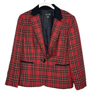 Black Label Evan-Picone Blazer Womens 8 Red Plaid Tartan One Button Jacket